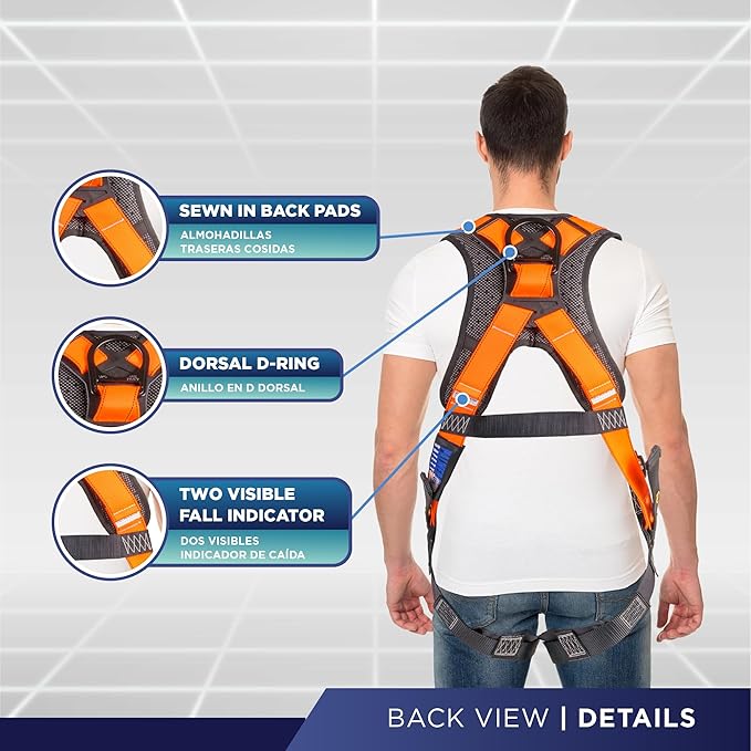 Palmer Safety Full Body Harness with 5 Point Adjustment, Dorsal D-ring, Grommet Legs, Two Side D Rings, and Fall Indicators