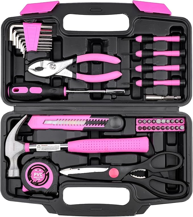 DOWELL 40 Pieces Home Tool Set Pink, General Household Hand Tool Kit with Plastic Toolbox Storage Case, Mini Repair Tool kit for Women, College Students, Home Use & More