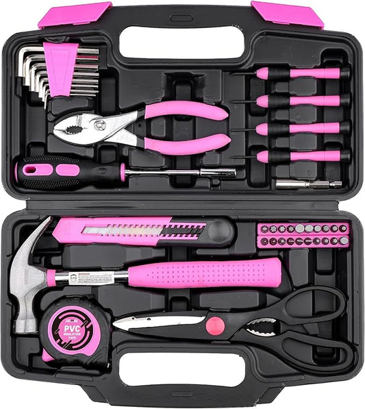 DOWELL 40 Pieces Home Tool Set Pink, General Household Hand Tool Kit with Plastic Toolbox Storage Case, Mini Repair Tool kit for Women, College Students, Home Use & More