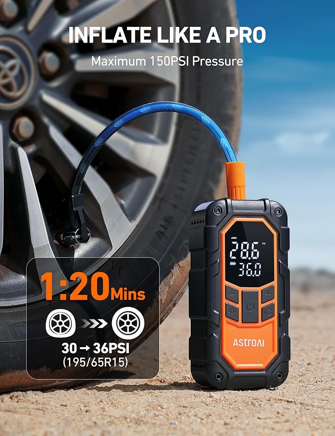 AstroAI S8 Air Nano Jump Starter with Air Compressor, 1500A Peak Car Battery Jump Starter Portable (6.0 Gas/3.0L Diesel) with 150PSI Auto-Shutoff Tire Inflator, 12V Battery Charger Booster(Orange)