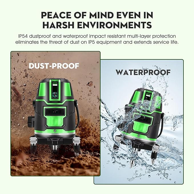 5 Lines Laser Level Tool 360 Self Leveling Precision Cross Line with Tripod, Indoor & Outside Green Laser Level with 2 Batteries & Toolbox for Picture Hanging, Tile Leveling