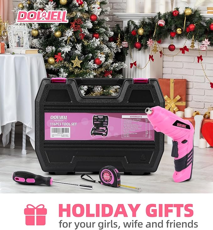 DOWELL 116Pcs Pink Tool Kit with 3.6V USB Cordless Screwdriver, Small Drill Set for Women, Girls