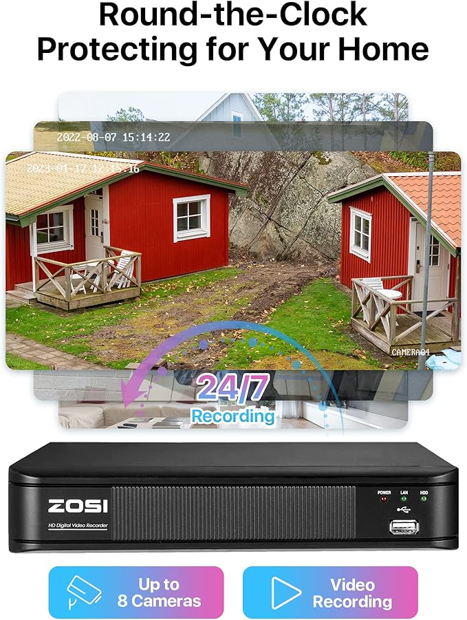 ZOSI H.265+ Full 1080p Home Security Camera System Outdoor Indoor, 5MP-Lite CCTV DVR 8 Channel with AI Human Vehicle Detection, 4 x 1080p Weatherproof Surveillance Camera, 80ft Night Vision, 1TB HDD