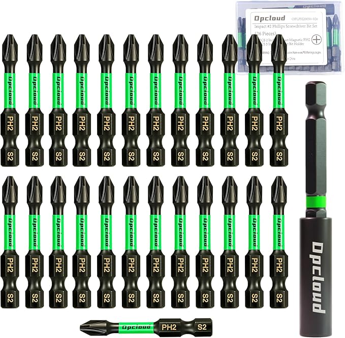 Impact #2 Phillips Screwdriver Bit Set, 26 Pieces 2”S2 Steel Magnetic PH2 Tips Driver Power Bit Set with Extension Impact Bit Holder