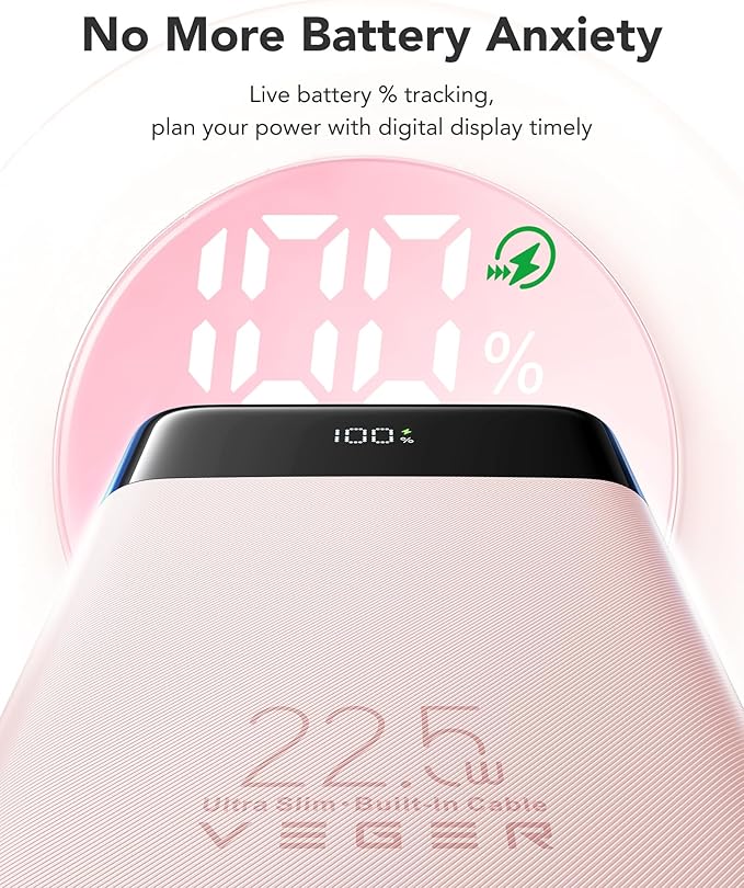 VEGER 10000mAh Portable Charger with 2 Built-in Cables, PD 22.5W Fast Charging USB C Power Bank, 4 Outputs 3 Inputs Slim Battery Pack Compatible with iPhone, Samsung, iPad, Android - Travel Essential