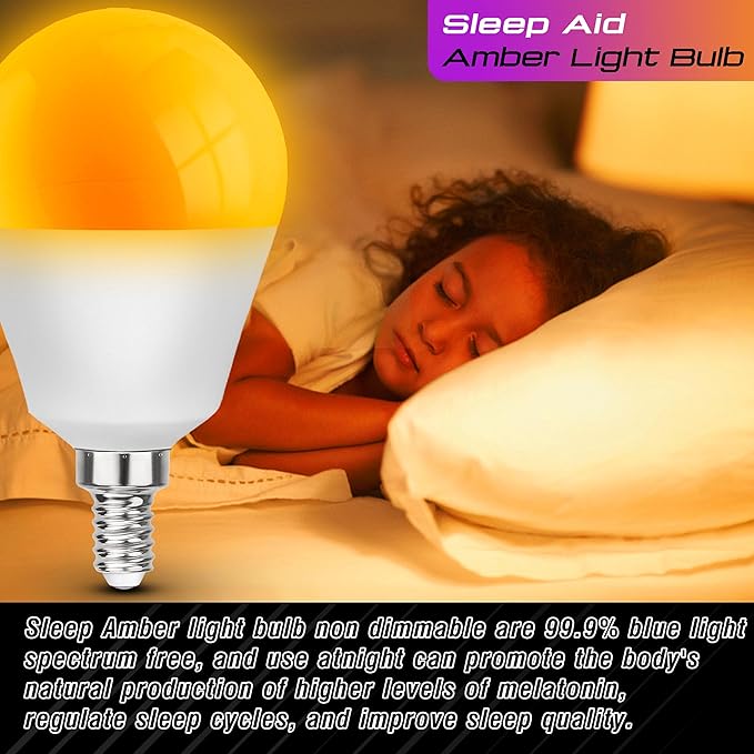 E12 Small Candelabra Base Amber Sleep Light Bulb, 1800K Blue Light Blocking, C7 G45 Warm Night Light Bulbs 25W 40W Equivalent, 3W 300LM Dim Lamp Bulbs for Healthy Sleep, Bedroom, Non-Dimmable, 2pack