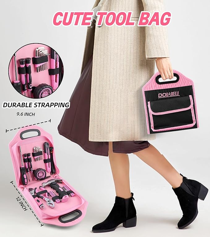 DOWELL 167PCS Kid Pink Tool Kit Perfect for DIY, Home Maintenance, Womens Tool Kit for House, Home Tool Set for Women, Girls, Ladies with Storage Bag, Christmas Gift