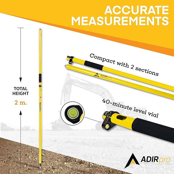 AdirPro Aluminum GPS Rover Rod – 2m 2-Piece Design GPS Pole for Land Surveying & Engineering – RTK GPS/GNSS Accessory – Includes Level Vial & Carrying Case (Yellow)