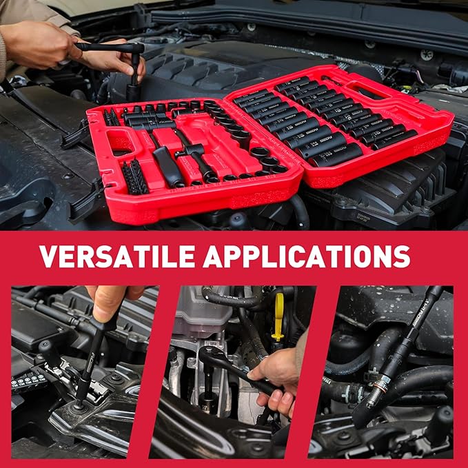 96-Piece 3/8" Drive Impact Socket Wrench and Bit Set, SAE 5/16”-3/4” & Metric 8-22mm, Cr-V Standard & Deep Sockets, Power Bits, Ratchet Handle, Universal Joint, Bit Holder, Adapters, Spark Plug Socket