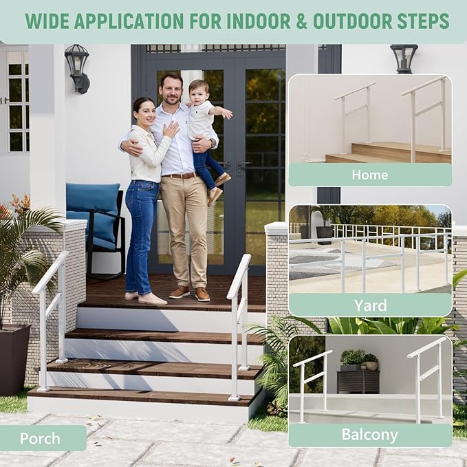 2 Pack Hand Rails for Outdoor Steps,1-2 Step Railing for Stairs,Adjustable Porch Railing,Hand Rails for Seniors,Outdoor Deck Handrails for Exterior Steps,White