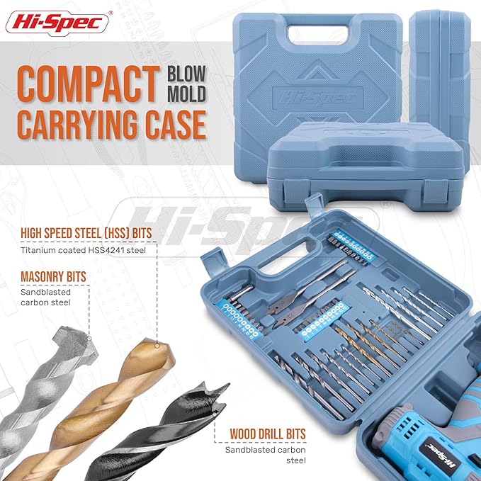 Hi-Spec Cordless Drill Set 50pc 12V Electric Power Driver in a Toolbox Case. Includes Rechargeable Battery, Power Screwdriver Bits, Wood, Metal, and Masonry Drill Bit Set Accessories
