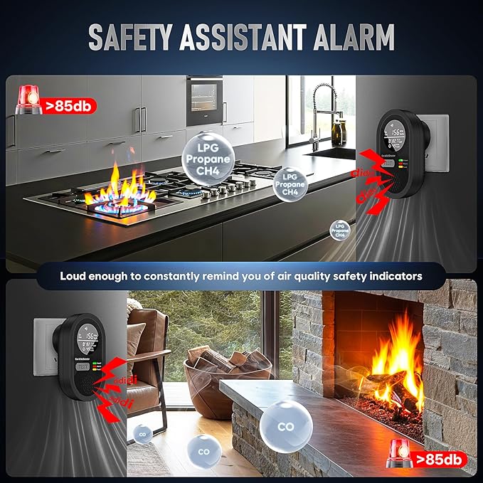 Portable Carbon Monoxide Detector 8-in-1, Carbon Monoxide Detectors Plug-in with HD Screen Natural Gas/Temp/Humidity, CO Monitor Alarm Sound Warning for Travel, Home, RV, Apartment Safety