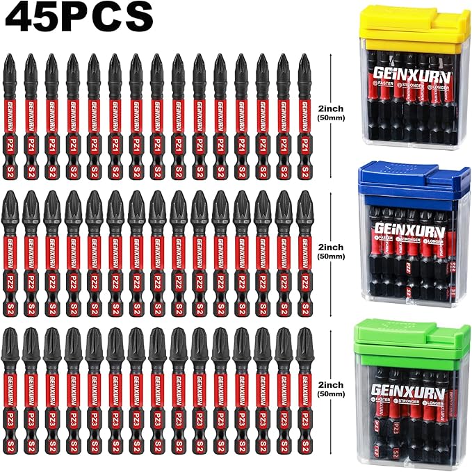 Impact Phillips Screwdriver Bits Set,45 Pcs 2" Magnetic (PZ1/PZ2/PZ3) S2 Steel Multi Driver Bits with Storage ColorfulBox