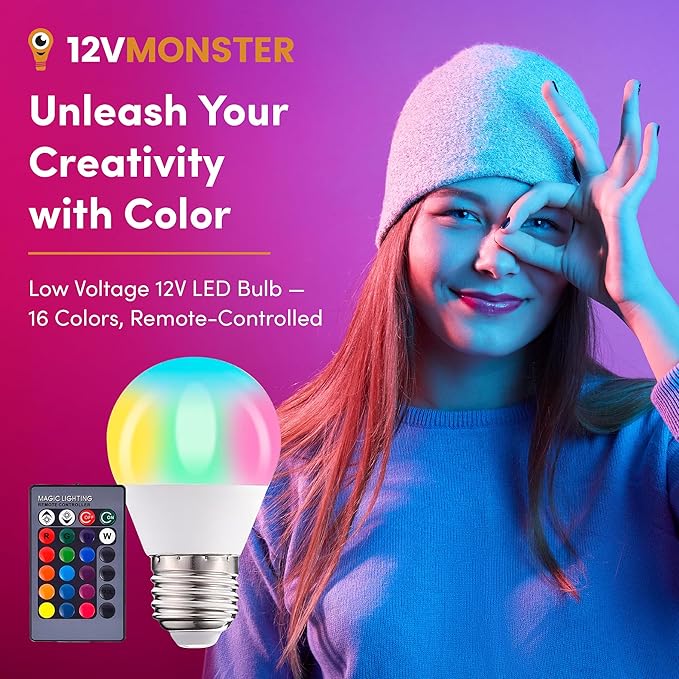 Low Voltage AC DC 12V Color Changing LED Light Bulb, 16 Colors, 3W, Remote Control, E26 Base for Content Creation, Landscape Accent Lighting and Photography 12 Volt