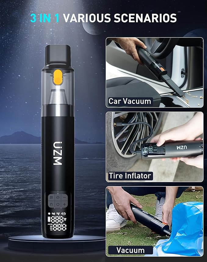 UZM 3 in 1 Tire Inflator and Car Vacuum, Car Vacuum Portable Cordless, 2X Fast Inflation, 12000pa Suction Power, LED Display,150 PSI, Portable Tire Inflator for E-Bike,Motorcycle,Ball
