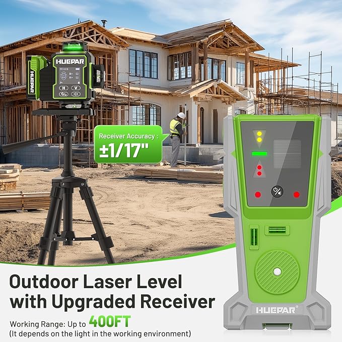 Huepar W04CG 4D Bluetooth Self Leveling Laser Level with Receiver, Up to 400ft Long Distance or Outdoor, 4x360° Green Beams for Construction, Tiling, Framing, Drop Ceiling, Floor Installation