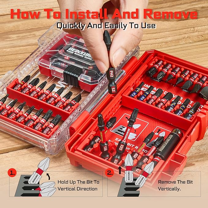65Pieces Impact Screwdriver Bits Set, Magnetic S2 Steel Phillips/Slotted/Square/Torx Insert Power Bits Tips, Impact Bit Holder with Red Storage Box Case