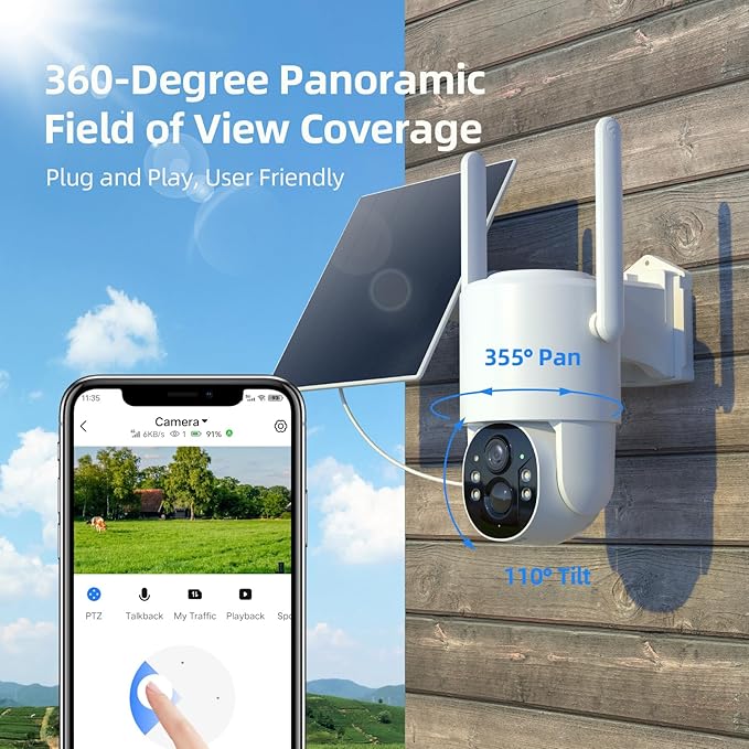 4G LTE Cellular Security Camera, No Wifi Security Camera, 2.5K Solar Camera Outdoor Wireless, 360° Live View, Spotlight Color Night Vision, Motion&Siren Alert, SD/Cloud Storage (SIM Card Included)