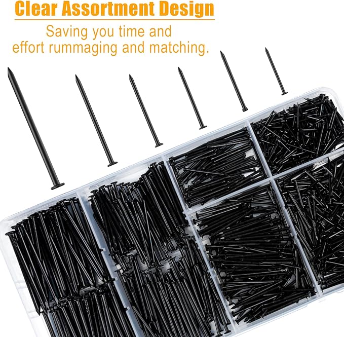 KURUI Black Nails for Hanging Wall Decor Tapestry Pictures Frame,700pc Picture Hangers for Bedroom Bathroom Office, 6 Sizes Small Finish Nails Assortment Kit,640 Frame Nails and 60 Finishing Nails