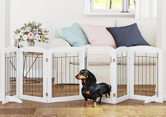 PAWLAND Dog Gate Indoor with Walk Through Door, Foldable Free Standing Pet Gate for Doorways, Stairs, The Houes, Pet Puppy Safety Fence, 120 in Extra Wide, 6 Panels, Support Feet Included, White