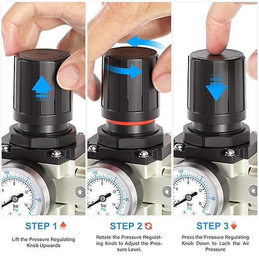TAILONZ PNEUMATIC 0-240PSI 1/2 Inch NPT Industrial Grade Three Stage Air Drying System, Particulate Filter, Coalescing Filter, Desiccant Dryer and Air Regulator (Manual Drainage)