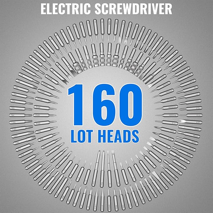 Precision Electric Screwdriver Set,160-in-1 Mini Electric Screwdriver,650mAh Rechargeable Screwdrivers,S2 Magnetic Bit,3 Torque Settings,Repair Tool Kit for Computer Phone Laptop Camera Watch Glasses