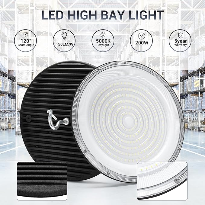 200W UFO Led High Bay Light,120VAC,5000K Daylight Commercial Bay Lighting,IP66 Waterproof,30500LM,850W MH/HPS with Plug Area Lighting for Warehouse/Shop/Workshop/Barn/Gym/Factory