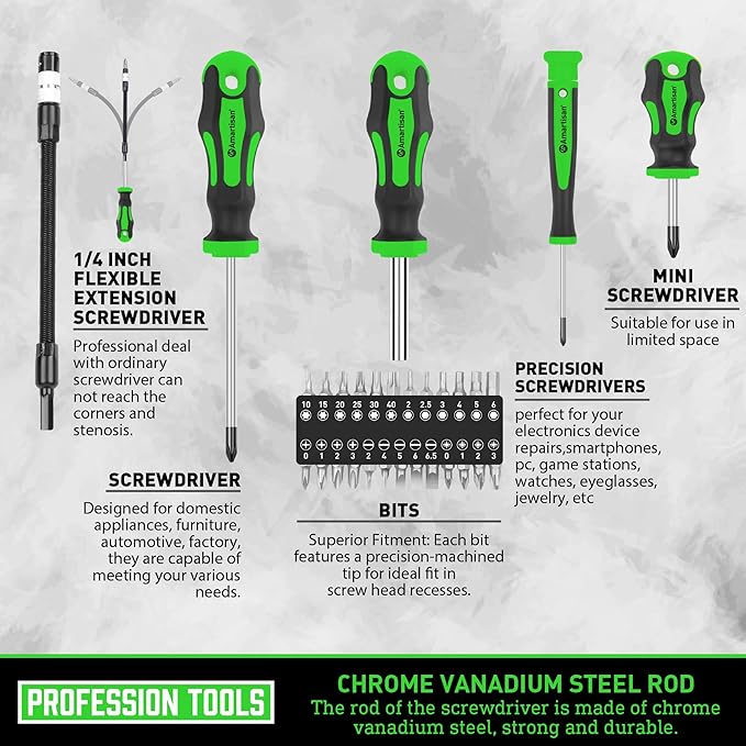 Magnetic Screwdrivers Set with Case, Amartisan 43-piece Includs Slotted, Phillips, Hex, Pozidriv,Torx and Precision Screwdriver Set, Magnetizer Demagnetizer Tools, Tools for Men (Green))