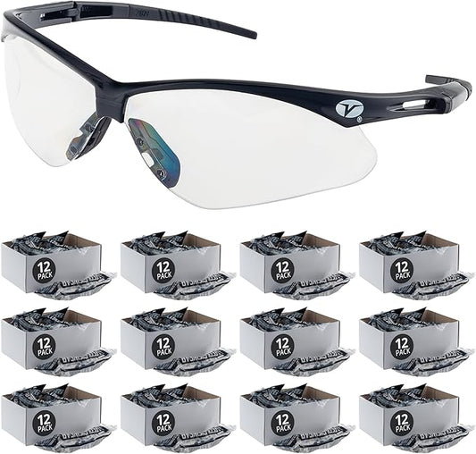 Veratti V1023N Safety Glasses, Clear Anti-Fog Lens, ANSI Z87.1, Removable Strap, Black Frame, Impact Resistant