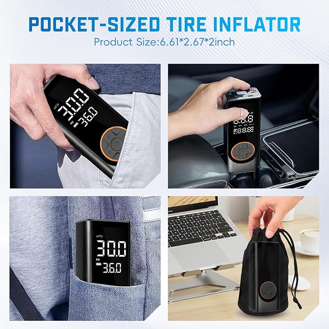 Tire Inflator Portable Air Compressor, 150PSI Cordless Air Pump for Car Tires, 4X Faster 12V DC Tire Pump with Tire Pressure Gauge, LED Light for Cars, Motorcycles, Bikes, Balls (Black)