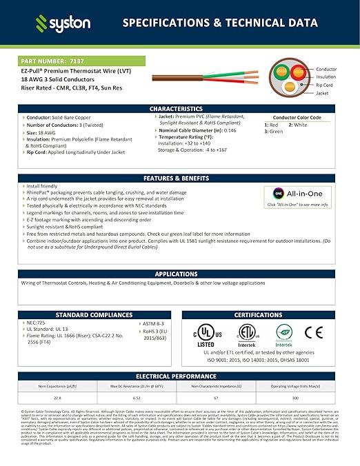 Syston 18/3 Thermostat Doorbell HAVC Heating Control Cable Wire, 100% Solid Copper Conductors CL3R/FT4/CMR Riser-Rated UL/ETL Listed, UV Resistant RoHS for Indoor/Outdoor Low Voltage Applications Use