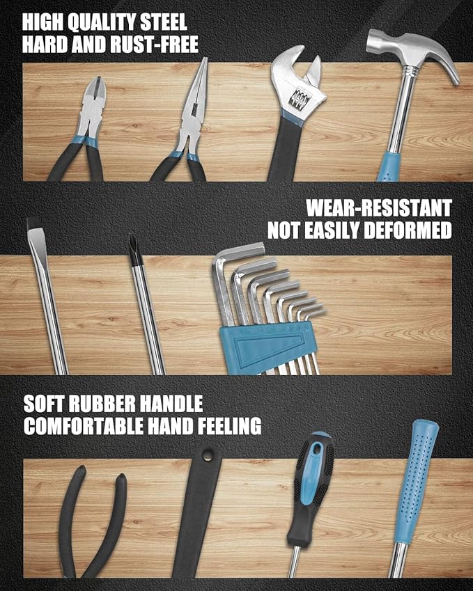 Tool Kit for Home, 144 Piece Hand Tool Set with Storage Box, General Basic Repair Tool Set with Hammer, Pliers, Wrenches, Voltage Tester, Measure Tape, Screwdriver Bits