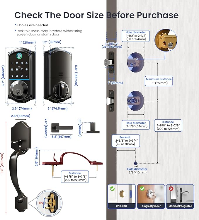 Veise VE017-H Fingerprint Smart Front Door Lock Set, App Control, Keyless Entry Deadbolt with Handle, Smart Deadbolt, Emergency Power Port, Touchscreen Keypad, Auto Lock, Easy Install, Matte Black