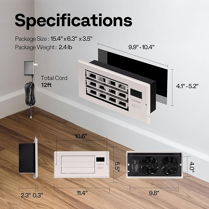 VIVOHOME 4'' x 10'' Opening Register Booster Fan with Adjustable Wind Direction Louver, Smart Intelligent Thermostat & 10-Speed Remote Control - 11.4" x 5.5" Vent Cover for Room, Floor, Wall - White