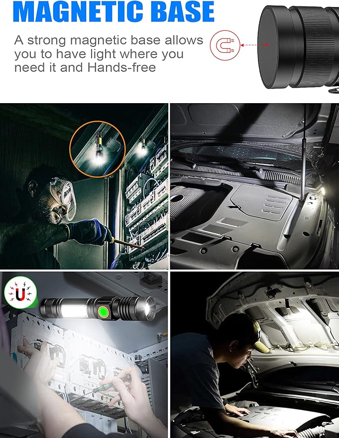 Rechargeable LED Flashlights, Magnetic Flashlight Super Bright Tactical Flashlight with SideLight,USB Rechargeable,Zoomable,Waterproof Best Small Flashlight for Camping, Emergency