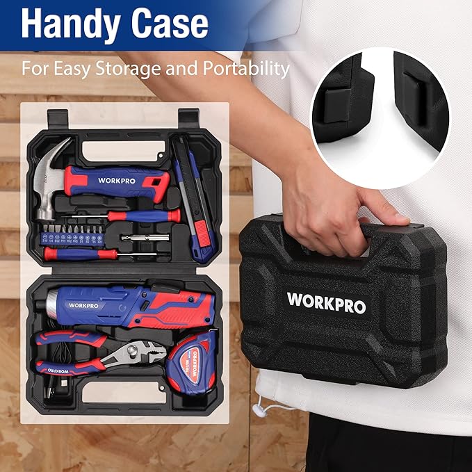 WORKPRO Home Tool Kit with 3.7V Rotatable Electric Screwdriver, 18PCS General Household Tool Kit with Toolbox, Rechargeable Electric Screwdriver Kit, Basic Portable Tool Set for Dorm, Garage, DIY