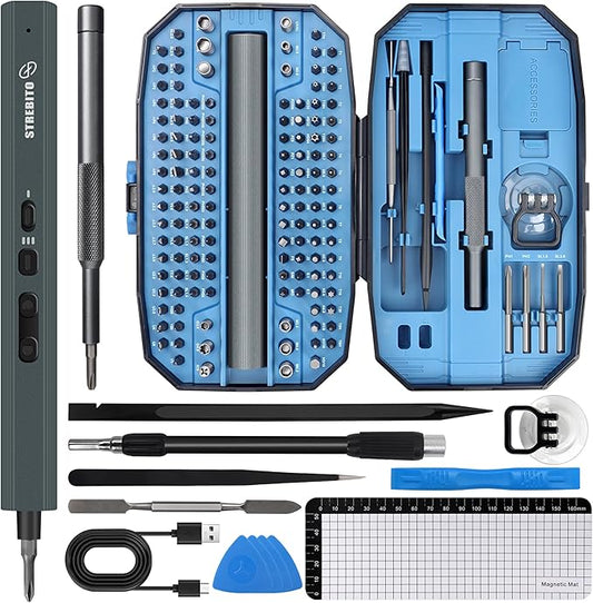 STREBITO Mini Electric Screwdriver Set 155 in 1 Small Powered Screwdriver Cordless, 140 S2 Magnetic Bits, 3 Torque Settings, 650mAh Battery, electronics tool kit for Computer, Laptop, RC, PC, Xbox