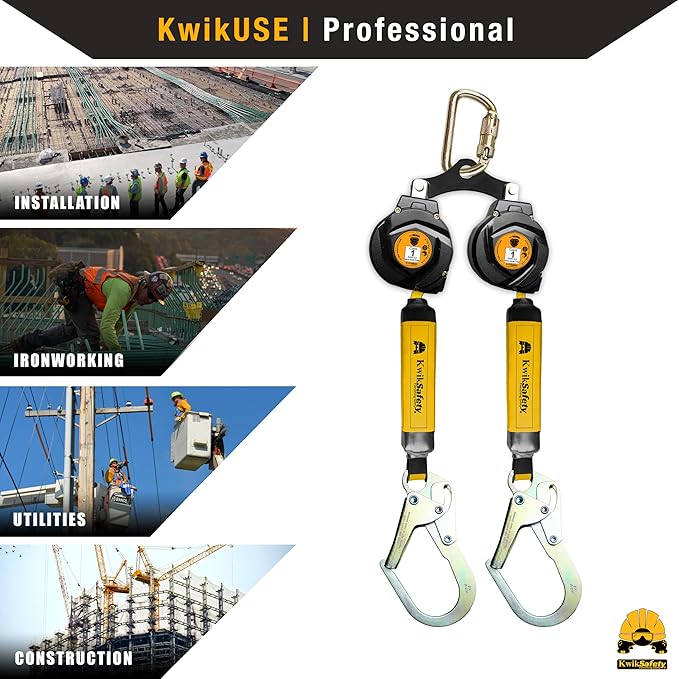 KwikSafety - 6' mini Mamba Twin-Leg Self Retracting Lifeline [NO Tangle Web] Class 1 Retractable Safety Lanyard SRL ANSI OSHA