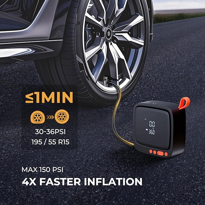 AP22 Dual Power Tire Inflator, 150 PSI Portable Air Compressor with 6 Min Inflation & 1 Min Top Off, Auto Shut Off, Cordless Digital Air Pump for Car, Bike, Motorcycle, Ball, Inflatables