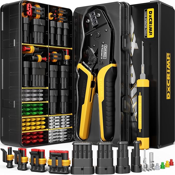 Waterproof Automotive Electrical Connectors Crimping Tool Kit, 1/2/3/4 Pin Waterproof Plugs, Ratchet Crimper for 24–14 AWG Wires, Includes Removal Tools for Car, Truck, RV, Boat Wiring Harness