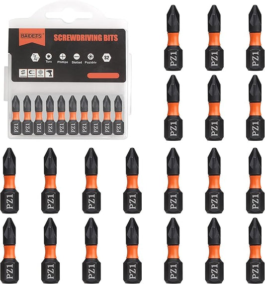 Pro PZ1 Bit Assortment - Screwdriver Bits Set 20Pcs, 25mm Length, Pozi Screwdriver Bit, 1/4 Inch Hex Shank, with Storage Box