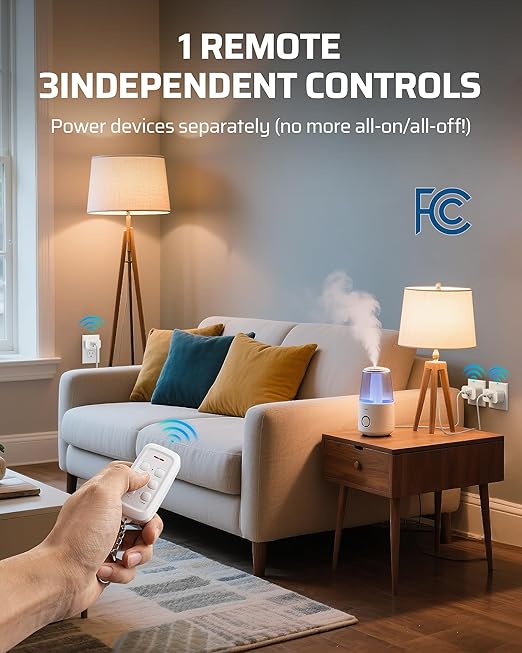 DEWENWILS Indoor Remote Control Outlet, Wireless Remote Outlets Switch, No Interference, 15A/1875W, 100FT RF Range, Compact Light Switch for Lamp, Fan, Christmas Decor, 3 Outlets FCC Listed