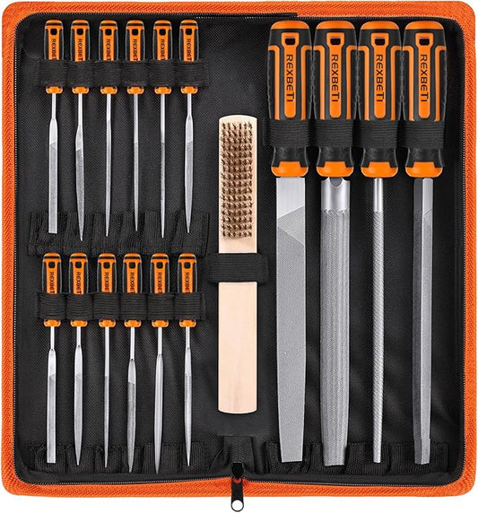 REXBETI 25Pcs Metal File Set, Premium Grade T12 Drop Forged Alloy Steel, Flat/Triangle/Half-round/Round Large File and 12pcs Needle Files with Carry Case, 6pcs Sandpaper, Brush, A Pair Working Gloves