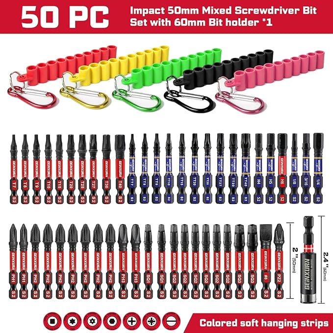 Impact Screwdriver Bits Set, 50 Pieces 2”Muliti Head Magnetic S2 Steel Driver Bits PH/SQ/Torx/Hex/PZ with Soft Hanging Strips