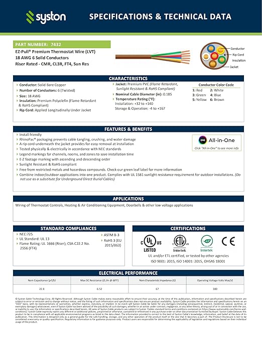 Syston 18/6 Thermostat Doorbell HVAC Heating Control Cable Wire, 100% Solid Copper Conductors CL3R/FT4/CMR Riser-Rated UL/ETL Listed, UV Resistant RoHS for Indoor/Outdoor Low Voltage Applications Use