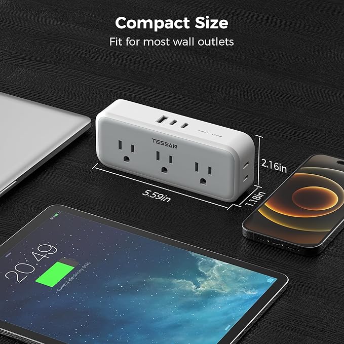 Multi Plug Outlet Extender, Wall Charger, TESSAN Multiple Plug Surge Protector, 5 Outlets and 3 USB (2 USB C), Electrical Power Expander with Surge Protector Spaced for Home Office Dorm Room
