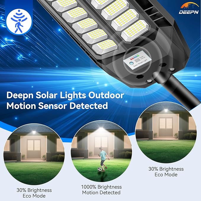 Deepn Solar Lights Outdoor 8000W, Solar Street Lights Outdoor IP67 Waterproof, 480 LED Security Flood Light 7000K Street Light 300000LM with Motion Sensor & Dusk to Dawn for Pathway, Yard 2 Pack