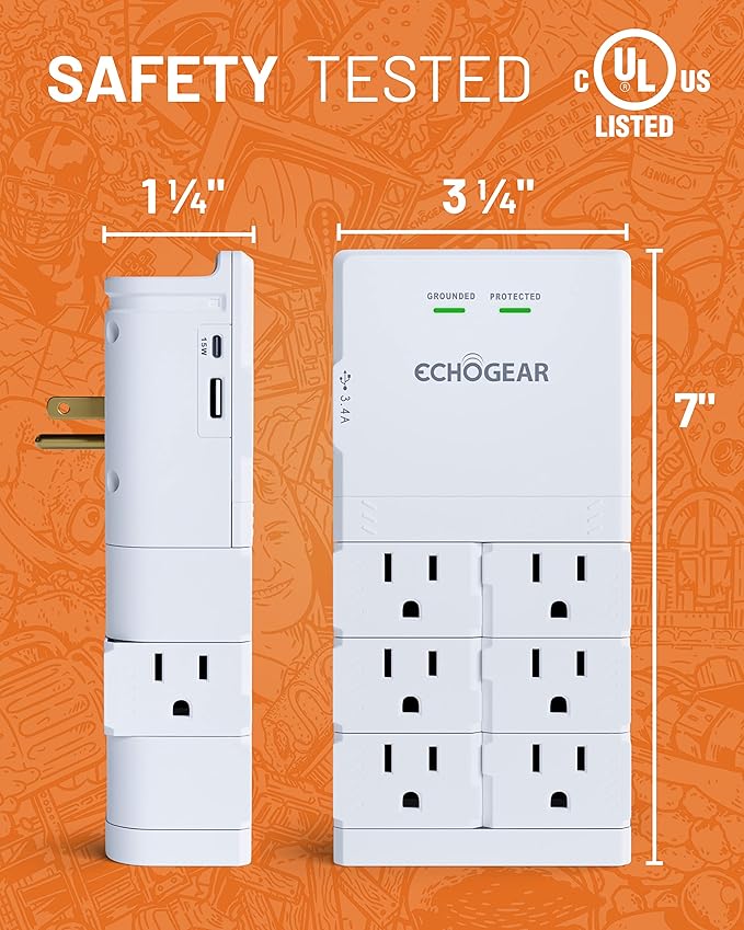 ECHOGEAR Wall Outlet with USB Ports & Surge Protection - Power Protect 8 Devices 6 Rotating AC Plugs 2 Includes 1x USB-C Port USB-A White