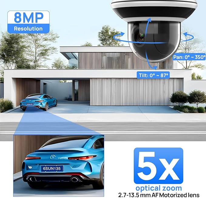 VIKYLIN UltraHD 4K 8MP PoE IP PTZ Camera Outdoor,4K PTZ IP Dome Security Camera with 5X Optical Zoom 2.7-13.5 mm, Human Vehicle Detection, 2-Way Audio,131ft IR Night Vision, IK10/IP67,Blue Iris,NDAA