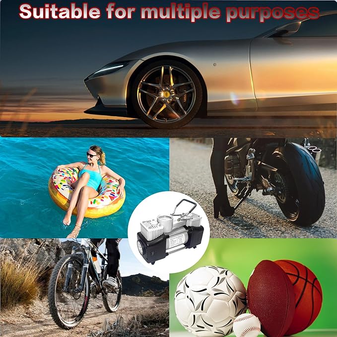 YUNGTEE Sliver Tire Inflator Heavy Duty Double Cylinders Direct Drive Inflation Pump,12V Portable Air Compressor Pump with Emergency LED Light - 150PSI Tire Pump,Apply to Car,Suv,RV